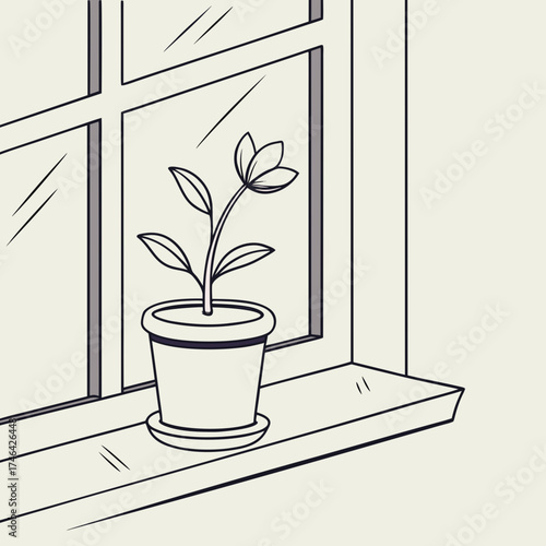 Illustration of a flower in a pot on a windowsill, a simple and charming design for various creative projects and decorations