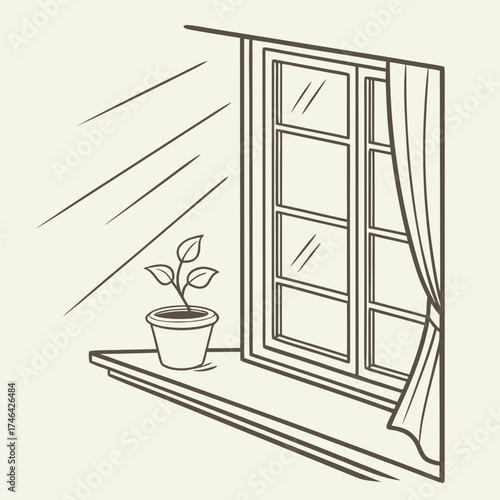 Illustration of a plant on a windowsill with sunlight and curtain, a cozy and inviting scene for various design and creative projects