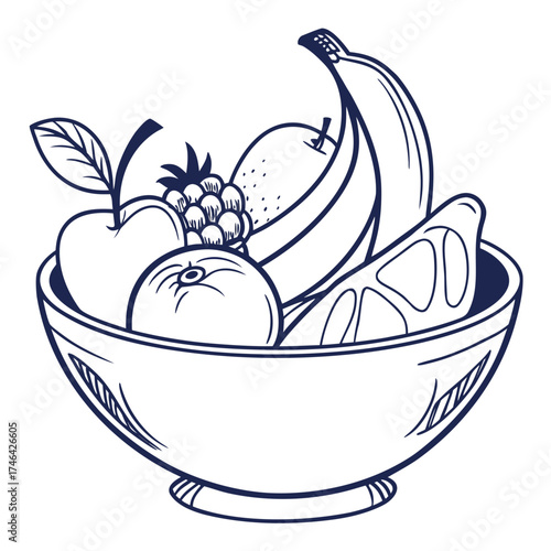 Vector art of a bowl of fresh fruits, showcasing a healthy and vibrant assortment for a nutritious lifestyle and balanced diet