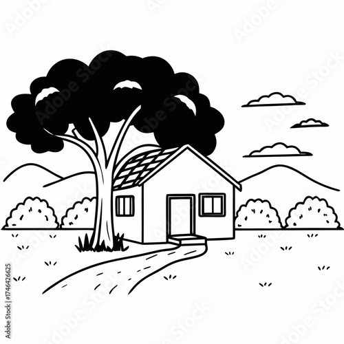 Vector art of a charming house illustration nestled in nature, perfect for childrens books, educational materials, and simple, heartwarming designs