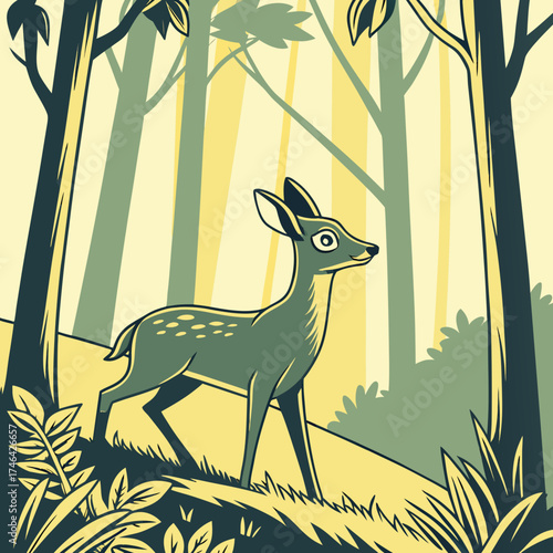 Vector art of a deer in the forest with sunlight shining through the trees, creating a serene and peaceful atmosphere the deer is surrounded by lush greenery