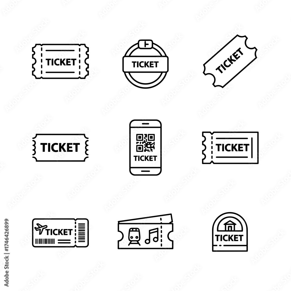Obraz premium Comprehensive Set of Black and White Line Art Icons for Tickets, Entry Passes, and Admission Stubs. Generated image
