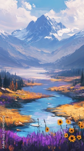 A painting of a mountain range with a river running through it. The painting is full of vibrant colors and has a peaceful, serene mood