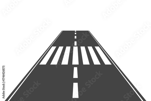 Straight road perspective street with pedestrian cross, zebra asphalt. Highway. Way for transport. with dashed lines, white markings. Road to horizon