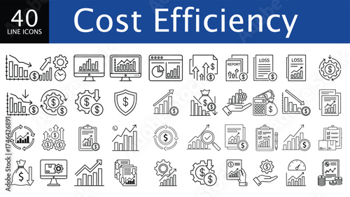 Cost Efficiency Line Icons Vector Set: Financial Management, Business Strategy, and Economic Planning Vector icon set