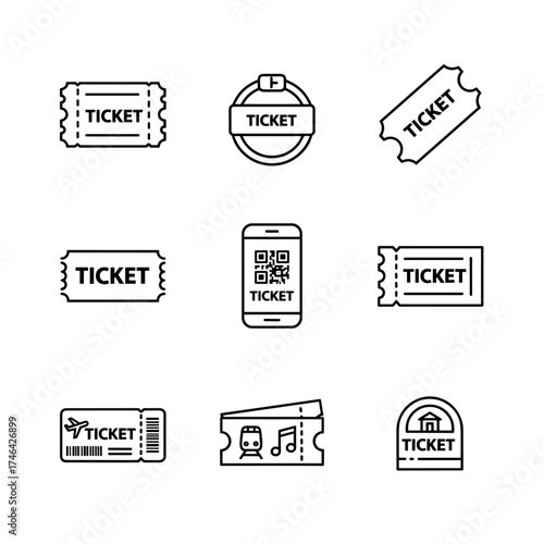 Comprehensive Set of Black and White Line Art Icons for Tickets, Entry Passes, and Admission Stubs. Generated image