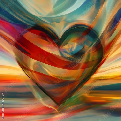 Colorful heart with the American flag in the center. The heart is surrounded by a rainbow of colors and the flag is in the middle of the heart