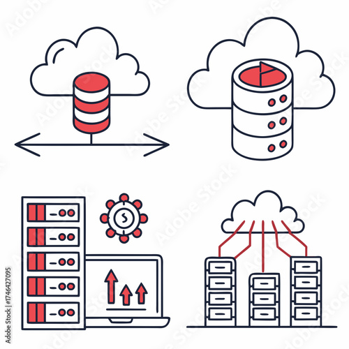 Vector art of cloud computing and data storage icons, representing server infrastructure, network connections, and database management