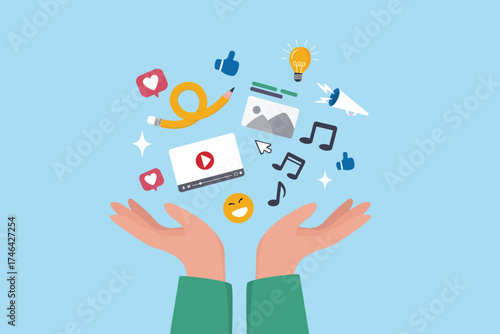 Content creator, creativity to create video, music or writing blog online social media, entertainment marketing, streaming concept, creator hand holding online broadcasting content elements.