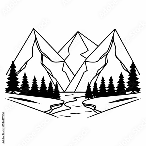 Vector art of majestic mountain range with towering peaks, lush pine forest, and a winding river, a striking black and white illustration
