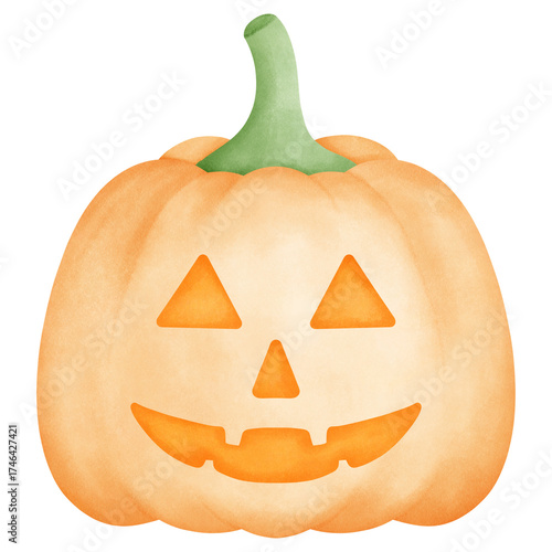 Halloween Jack-o-lantern pumpkin smiling brightly with carved triangle eyes watercolor Illustration.