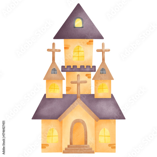 Halloween Chapel watercolor Illustration.	