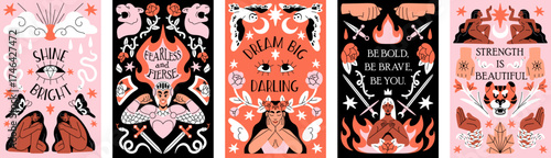 Designs of greeting cards with phrases set. Boho templates of postcard with mystic flowers, strong girls and fire. Posters or tarot backs with feminism and women's power. Flat vector illustrations