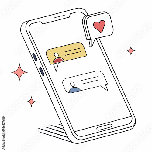 Vector art of smartphone with messages and heart icon, symbolizing communication, love, and modern technology, perfect for digital marketing and social media