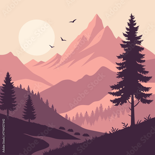 Vector art of serene mountain landscape illustration with a setting sun, silhouetted trees, and birds in flight, creating a peaceful and tranquil atmosphere in a minimalist style