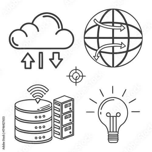 Vector art of set of cloud computing and networking icons, representing global connection, data transfer, and innovative solutions