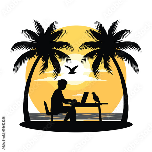 man on the beach sunset and laptop