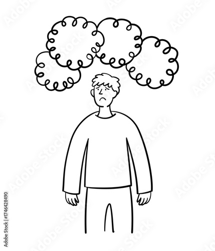 Man Under Cloud of Worry and Confusion. Anxiety and Mental Health Crisis. Stressed Person Overwhelmed by Intrusive Thoughts. Hand Drawn People Illustration.