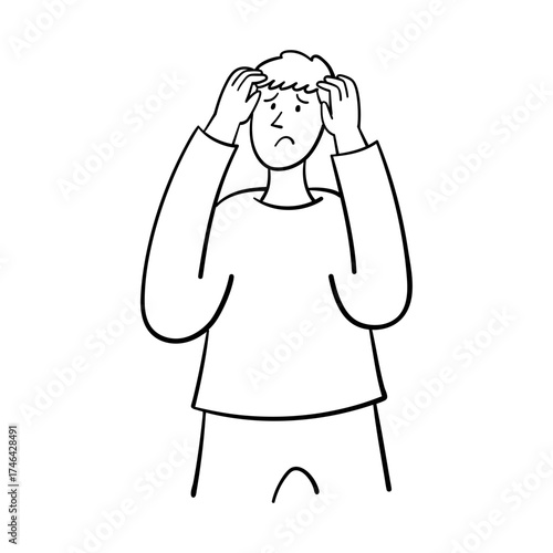 Man Holding Head in Stress, Confusion, Anxiety. Hand Drawn People Illustration.