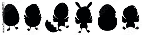 Cute Easter chick hatching from egg silhouette set. Adorable baby chicken evolution stages collection. Spring holiday vector illustration for Easter decoration, greeting cards, and children's designs