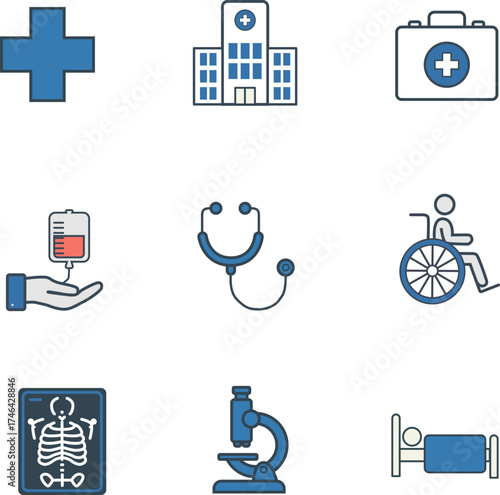 Hospital Facilities and Medical Services Icons Set Flat Vector Collection