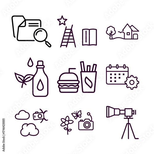 Collection of Line Art Icons Representing Various Concepts Such as Organization, Achievement, Nature, Technology, Food, Planning, Photography and Tools for Exploring and Capturing