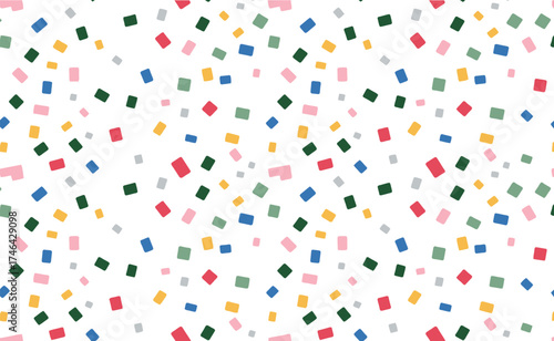 Seamless pattern of small colorful dots and squares scattered across