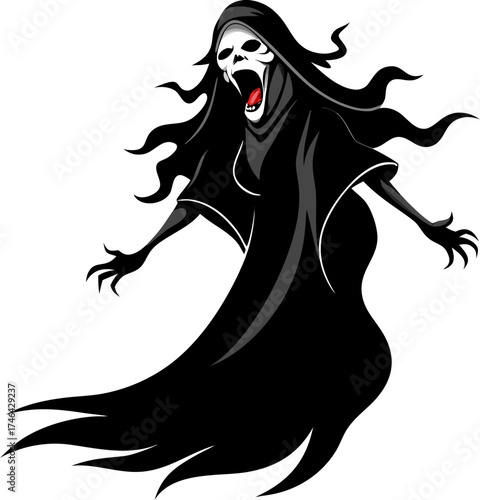 Screaming woman ghost with flowing cloak black Silhouette  , white background 