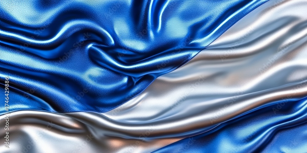 Obraz premium Majestic Metallic Texture Surface with Wavy Fabric Material Detail in Blue and Silver Drapery Design