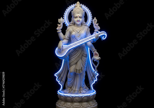 Goddess Saraswati statue playing the veena, illuminated by a modern blue neon light outline on a black background.