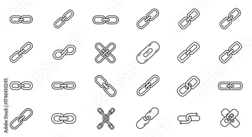 A collection of simple black and white paperclip line drawings arranged randomly