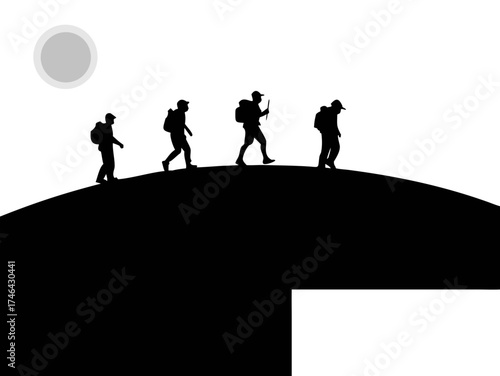 A silhouette vector illustration of three astronauts hiking a hill exploring a new discovered planet. Wide space available for your copy.

