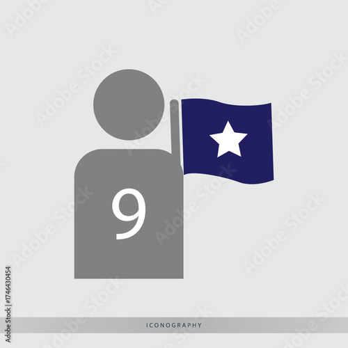 Modern abstract icon of a person holding a blue flag with a white star and the number nine for concepts of leadership or achievement
