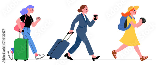 Female travelers and businesswoman walking with luggage and backpacks — modern vector illustration of women going on a trip, business travel, airport, and sightseeing
