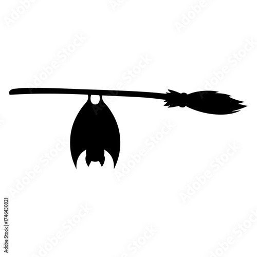 Logo con silueta de murciélago colgando de una escoba de bruja para felicitaciones y tarjetas de Halloween