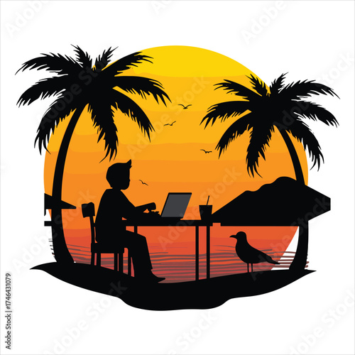 man on the beach sunset and laptop