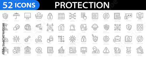 Protection 52 icon set. Shield, lock, security, alarm, antivirus, password, guard, secure payment, health and more. Editable stroke. Vector illustration