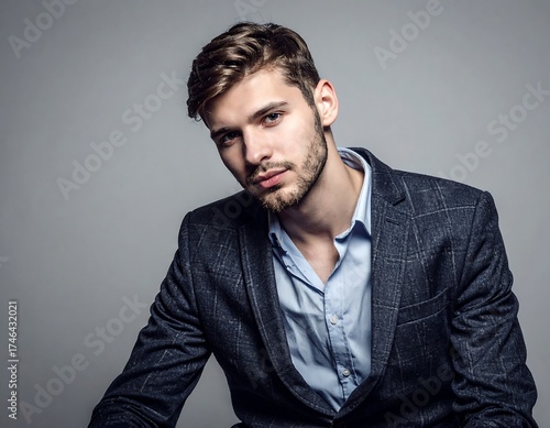 A handsome young man with a neatly styled haircut gazes at the viewer. He is dressed in a tailored grey blazer and blue shirt
