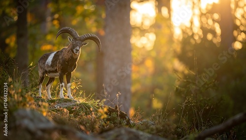 A majestic ram with large, curved horns stands in a sunlit forest clearing, illuminated by the golden light filtering through the trees