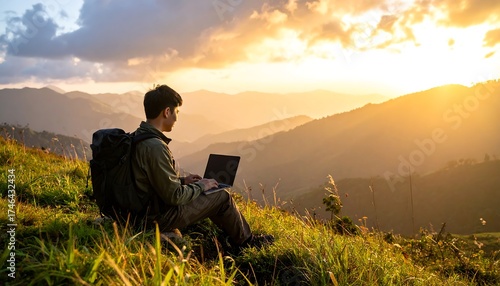 A man with a backpack sits on a grassy hilltop, working on a laptop. Golden sunlight bathes the mountain range in the background at sunset