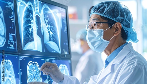 A medical professional wearing protective gear intently reviews scan images of internal organs on a screen, focusing on patient diagnosis