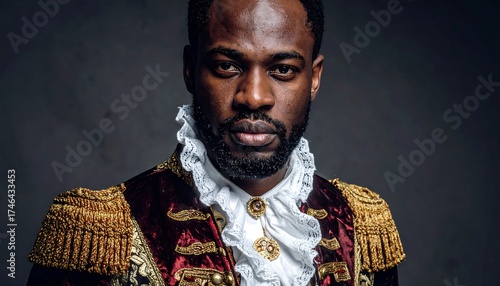 A portrait of a man, dressed in a stylized baroque jacket, staring intensely. The jacket features ornate trim and epaulets against a dark backdrop