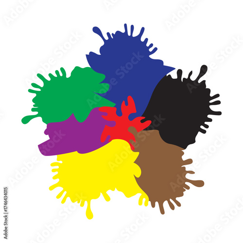 Colorful paint splatter set forming abstract circle on white background