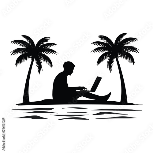 man on the beach sunset and laptop