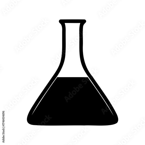Simple black and white chemical flask icon with dark liquid inside laboratory glass