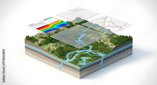 Fototapeta Naklejka Na Ścianę i Meble -  Isometric 3D rendering of a landscape with layers showing terrain, water flow, and geological strata.