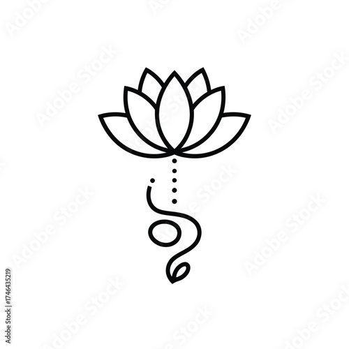 Minimalist black line art lotus flower with unalome symbol and dots
