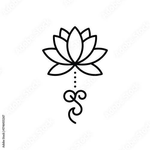 Minimalist black outline lotus flower with unalome symbol tattoo design
