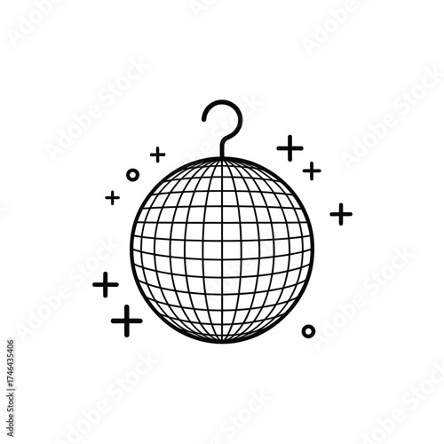 Simple line art disco ball hanging from a hook with sparkle accents