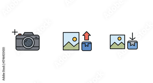 Camera and image editing icons depicting upload download and creation